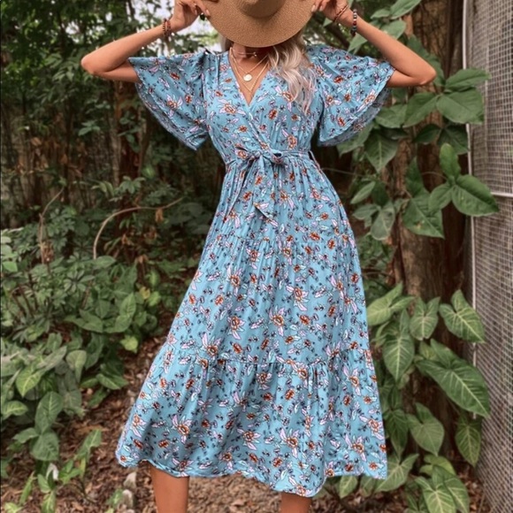 Boho floral ruffle hem belted dress - Picture 6 of 14